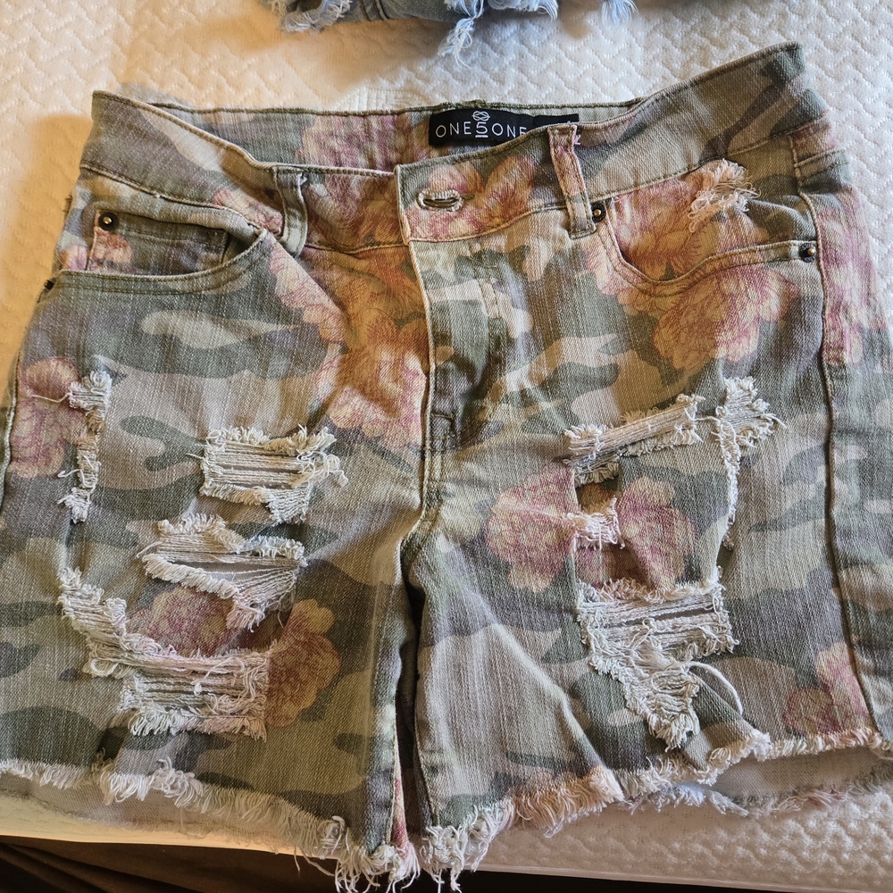 one 5 one Green and Pink Jean Shorts Distressed Style